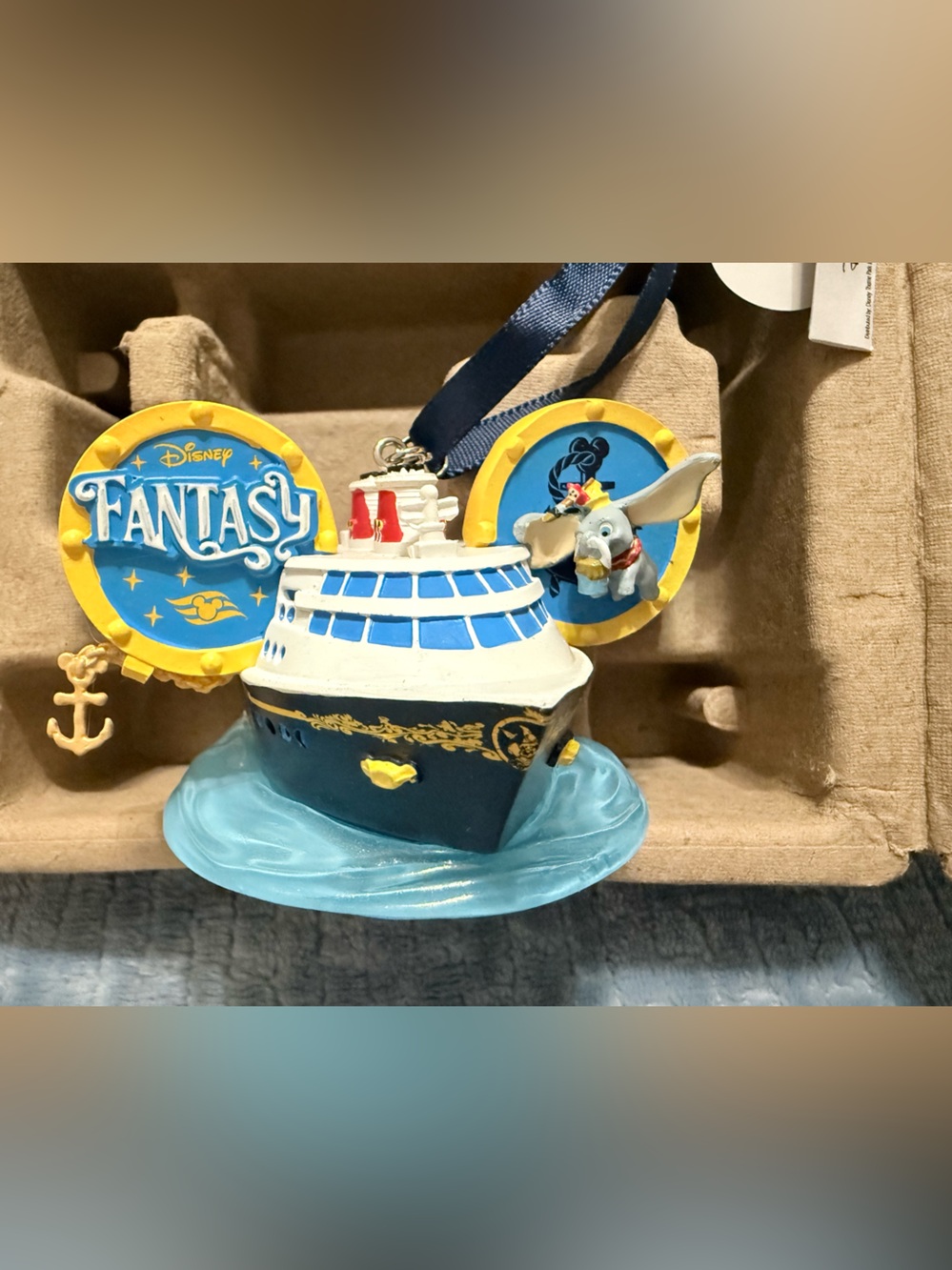 Disney Fantasy Cruise Ship Ornament with Dumbo Ears - Blue & Yellow new
